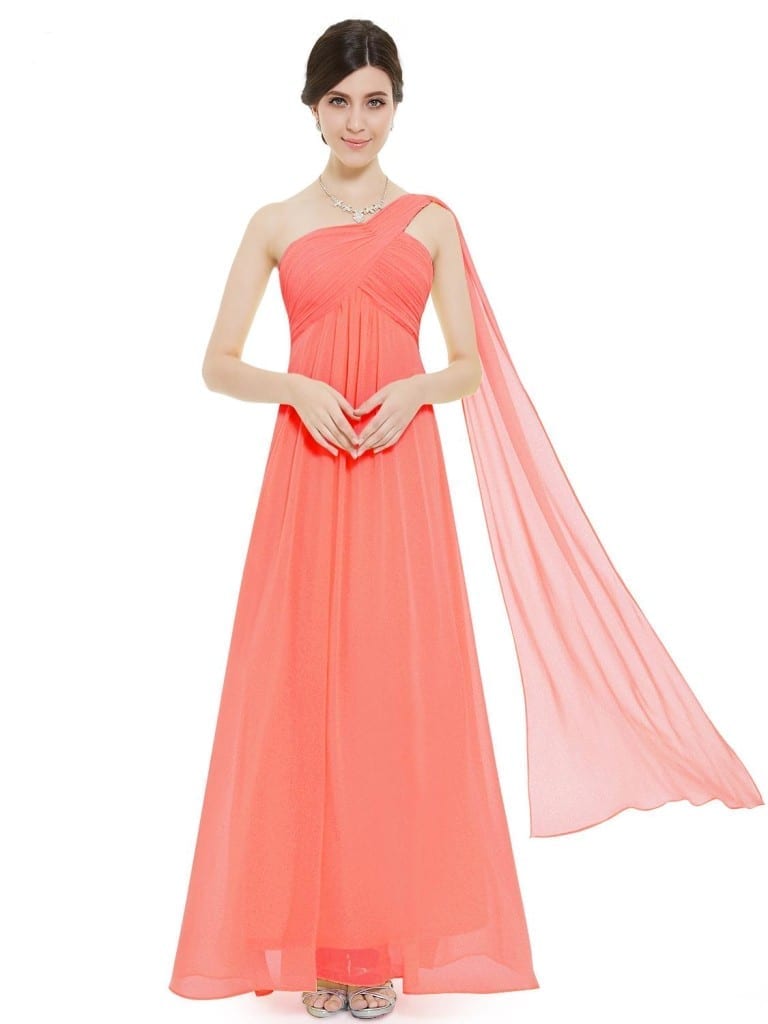 A-line One Shoulder Coral Ruffles Padded Long Bridesmaid Dress