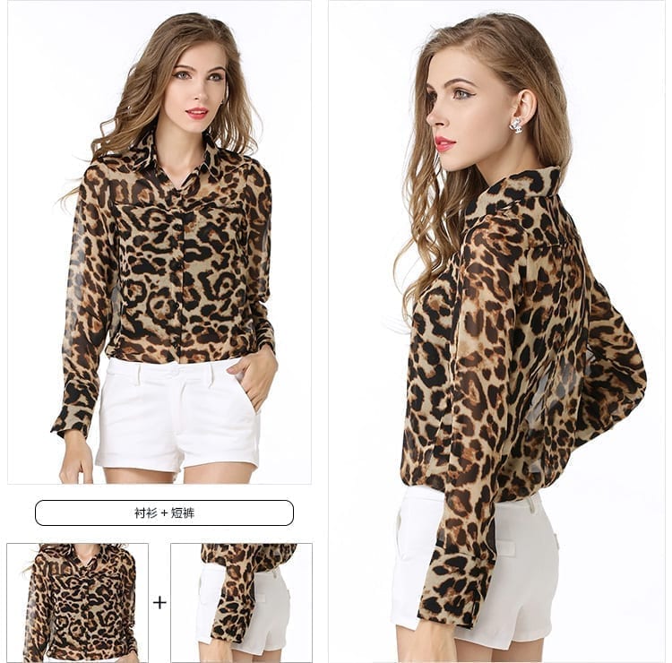 Leopard Single-breasted Long-sleeved Blouse