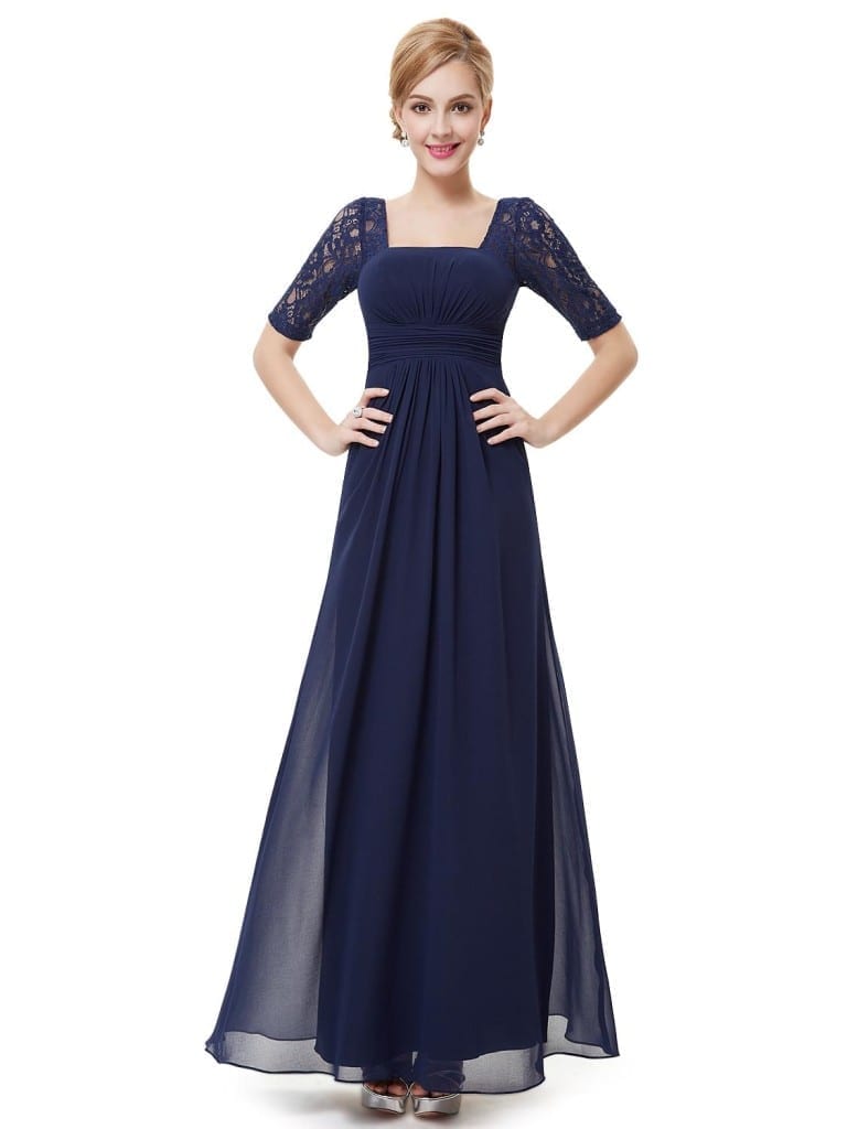 Sexy Fashion Navy Blue Lace Square Neckline Long Prom Evening Dress