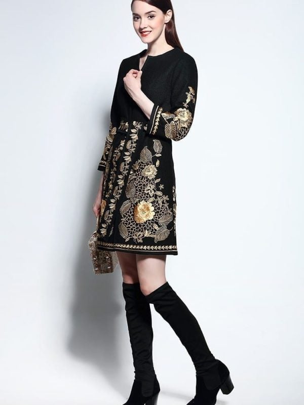 Gold Flower Embroidery Long-sleeve Covered Button Sashes Wool Slim Coat