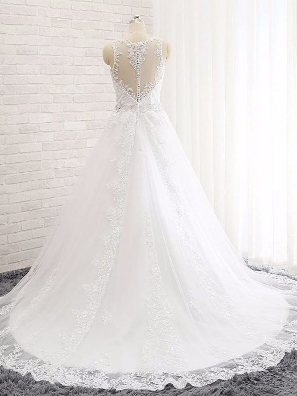 A-line Sheer Sweetheart Appliqued Lace Beaded Belt Backless Wedding Dress