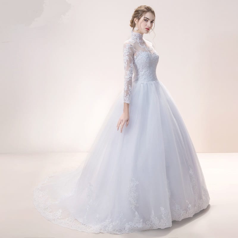High Neck IIIusion Lace Back Sweep Train Wedding Gown | Uniqistic.com
