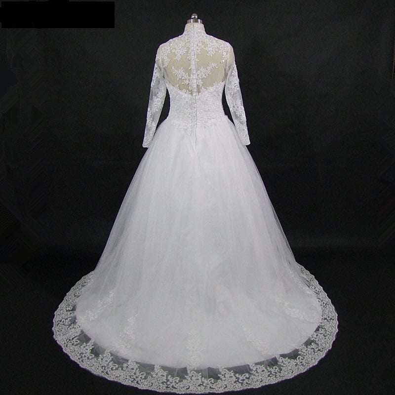 High Neck Iiiusion Lace Back Sweep Train Wedding Gown
