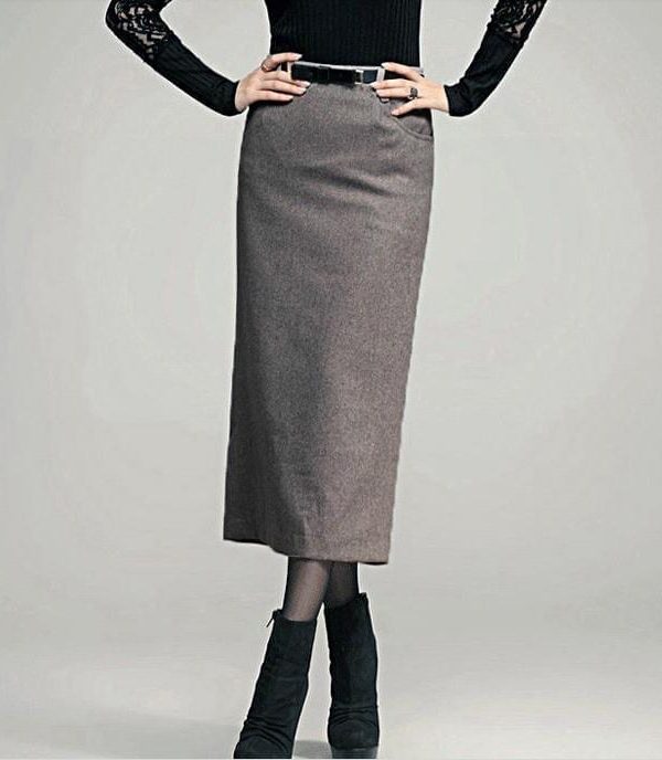 Woolen high waist ol slim long pencil skirt in Skirts