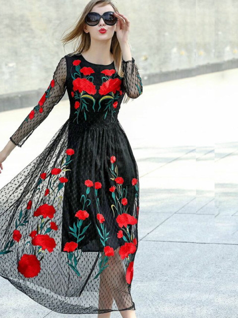Long Sleeve Sexy Mesh Carnation Embroidery Slim Black Long Dress ...