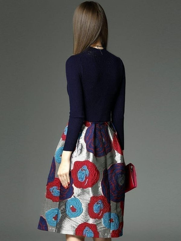 Long Sleeve Knitted Sweater Patchwork Dress