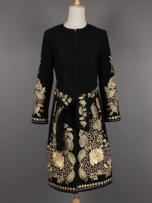 Gold Flower Embroidery Long-sleeve Covered Button Sashes Wool Slim Coat