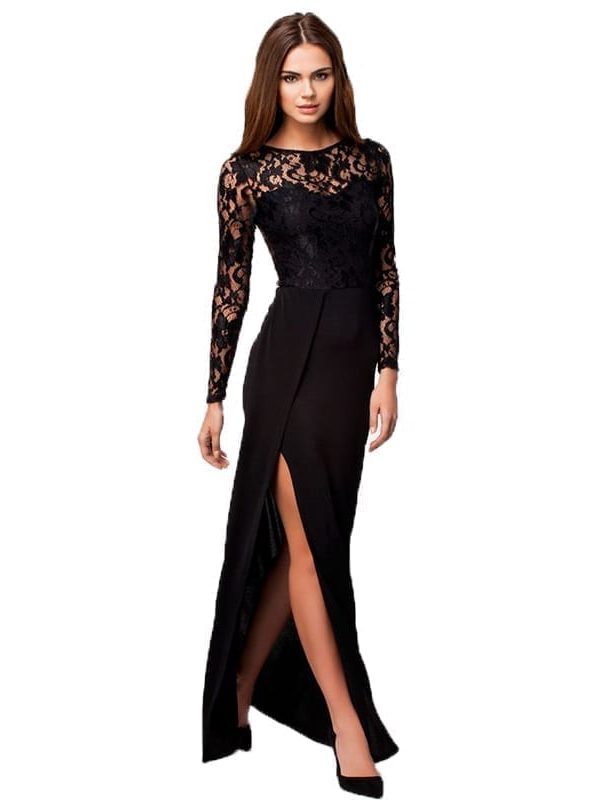 O-neck long sleeve floor length party dress in Dresses