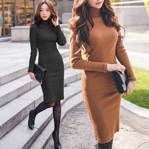 Turtleneck Long Sleeve Knee-Length Sweater Dress in Dresses