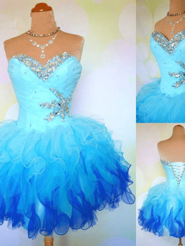 Sweetheart Colorful Crystal Beaded Ruffles Organza Short Prom Dress in Prom Dresses
