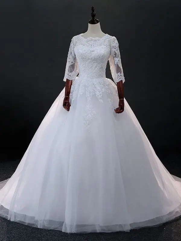 Three Quarter Sleeve Lace Beading Wedding Gown