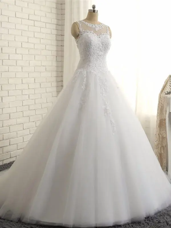 Beautiful Sleeveless Sheer Back Lace A-line Wedding Gown