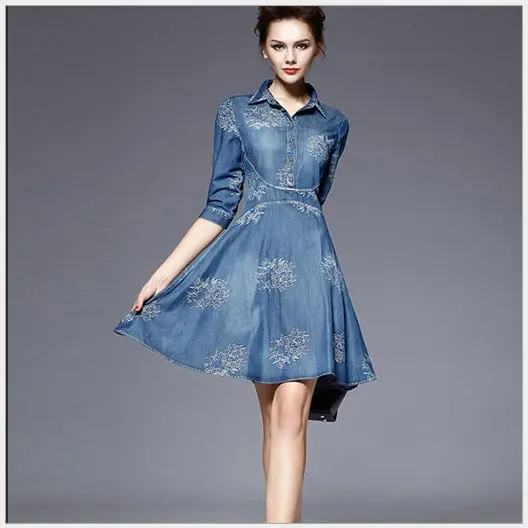 Elegant Cotton Linen Slim Jeans Fit And Flare Embroidery Dress