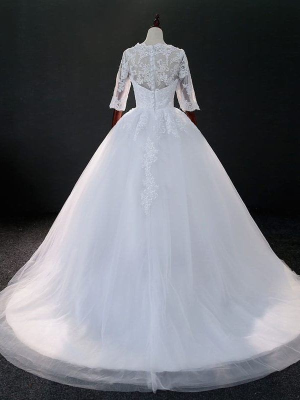 Three Quarter Sleeve Lace Beading Wedding Gown