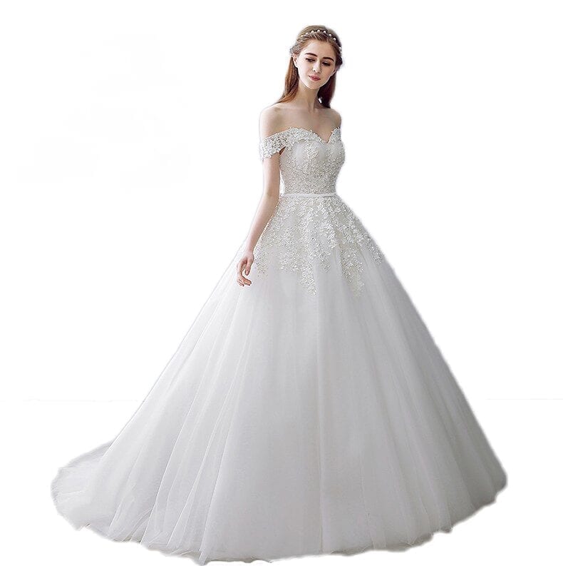 Lace Pearls Appliques Off The Shoulder Ball Gown Wedding Dress