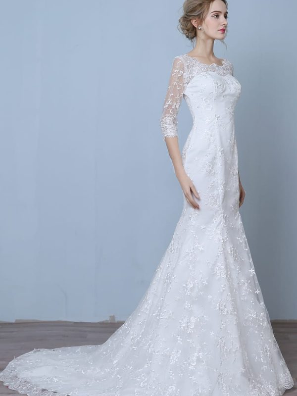 Elegant Three Quarter Sleeve Floor Length Train Lace Mermaid Wedding Dress