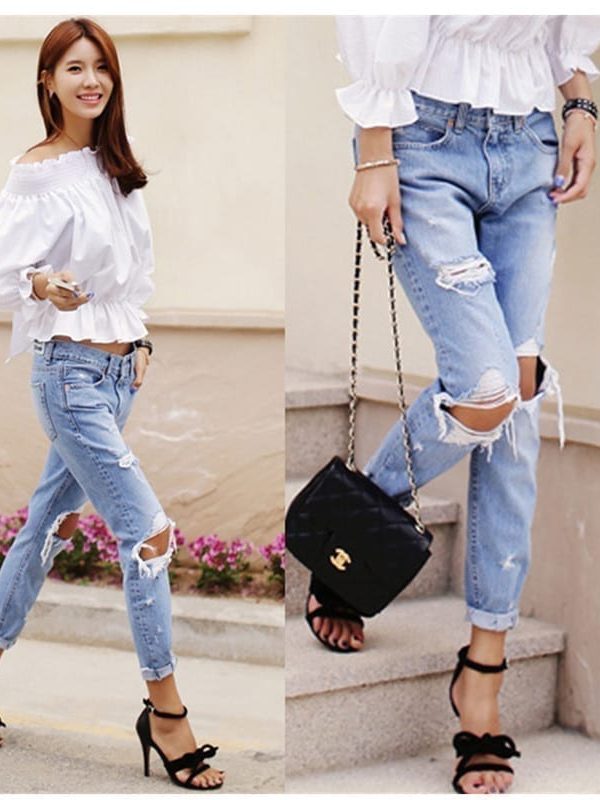 Women big hole ripped designer jeans in Pants
