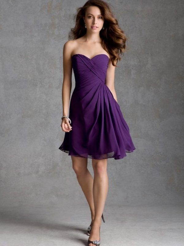A Line Sweetheart Pleats Purple Chiffon Knee Length Bridesmaid Dress in Bridesmaid dresses