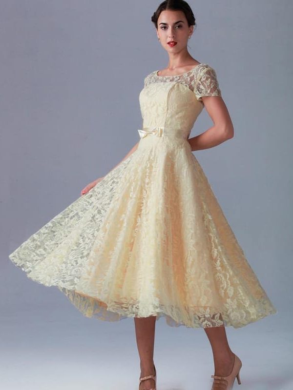 Tea Length Zipper Back A Line Short Sleeve Beach Lace Vintage Bridesmaid Dress in Bridesmaid dresses