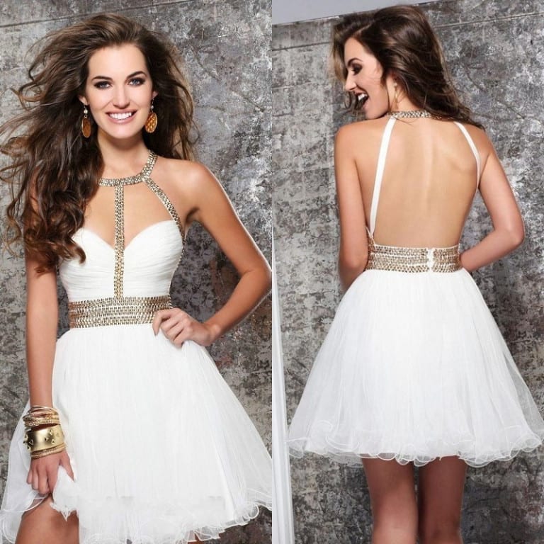 Short White Prom Dress With Gold Beads
