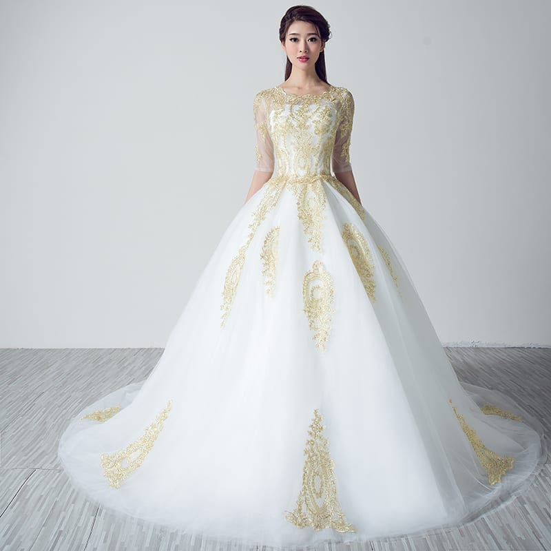 White Wedding Dresses with Gold Lace Applique - Uniqistic.com
