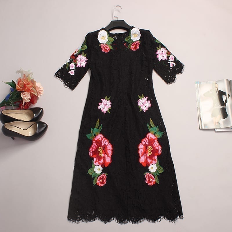 Lace Flowers Embroidery Luxury Short Sleeve Knee-length Black Dress