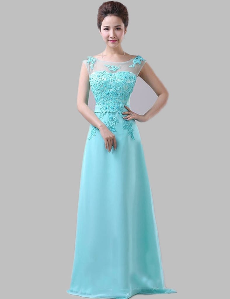 Mint Blue Lace Chiffon Long Elegant Bridesmaid Dress