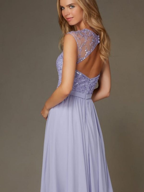 Sparkly Light Purple Lilac Open Back Cap Sleeves Chiffon Bridesmaid Dress