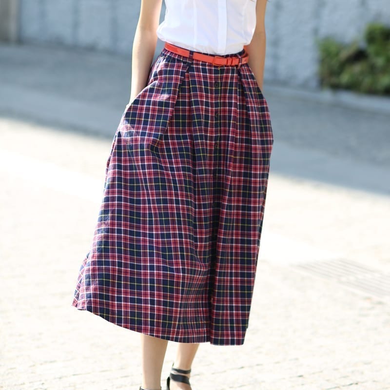 A-Line Long Plaid Cotton Skirt | Uniqistic.com