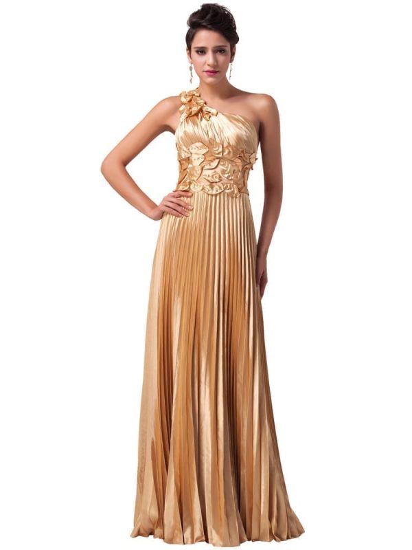 One Shoulder Satin Long Gold Evening Dress