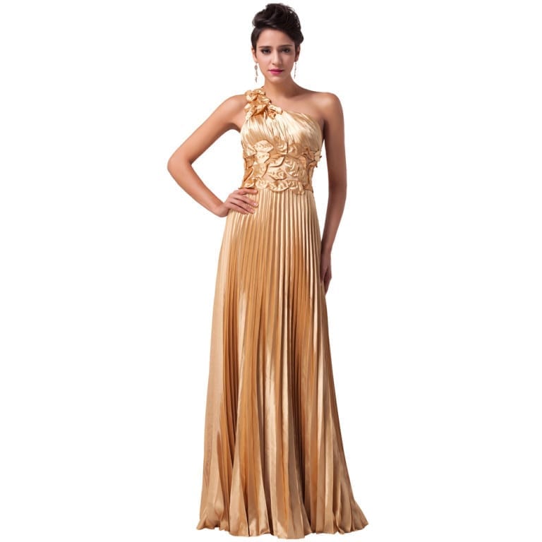 One Shoulder Satin Long Gold Evening Dress | Uniqistic.com