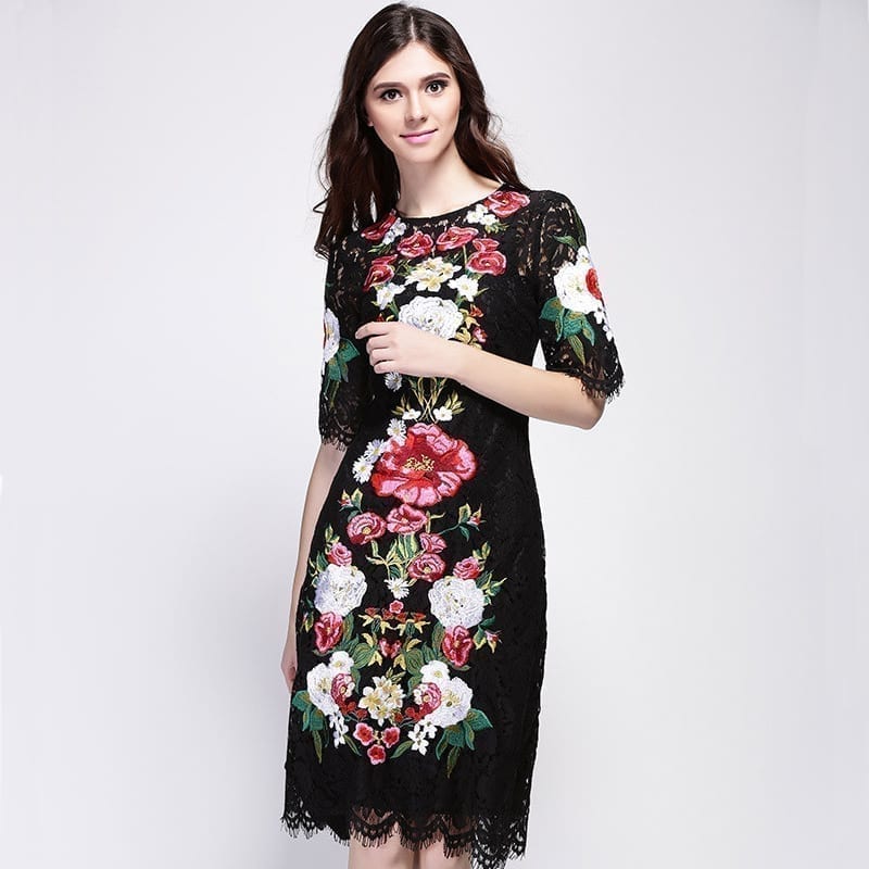 Lace Flowers Embroidery Luxury Short Sleeve Knee-length Black Dress ...