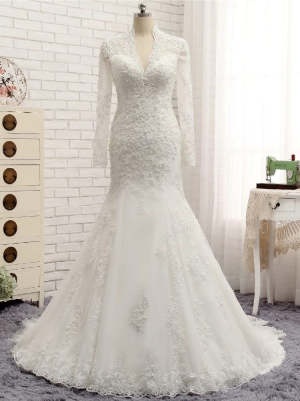 Long Sleeve V-neck Lace Mermaid Wedding Dress