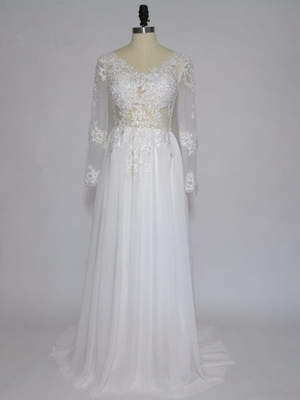 Long Sleeve Lace Appliques Pearls A-line Beach Wedding Dress