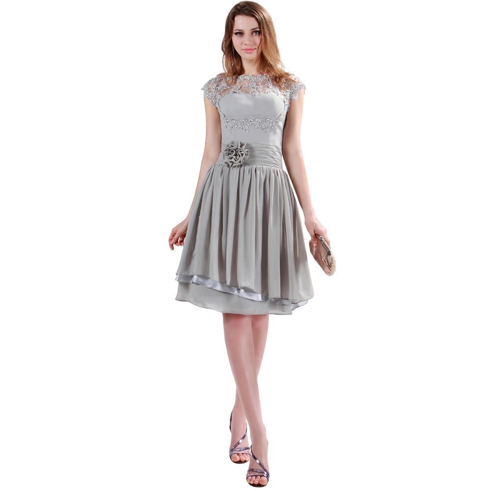 Gray Knee Length Short Chiffon Bridesmaid Dress