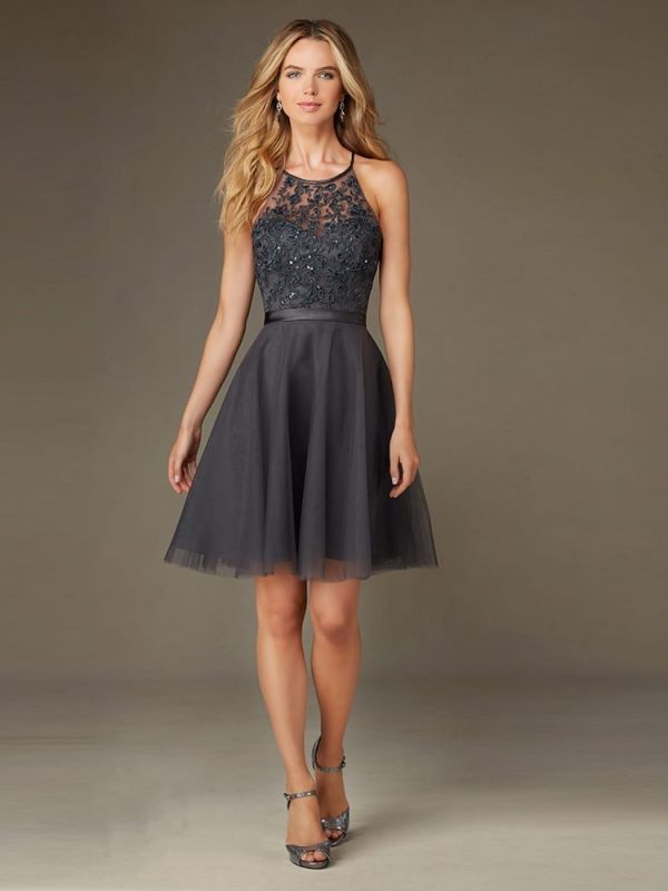 Elegant Backless Lace Sequined Appliques Short A-line Tulle Bridesmaid Dress