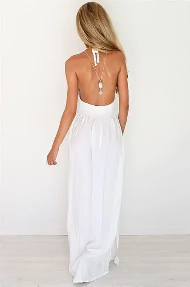 White Sling V-Neck Backless Sleeveless Hollow Out Beach Dress in Dresses