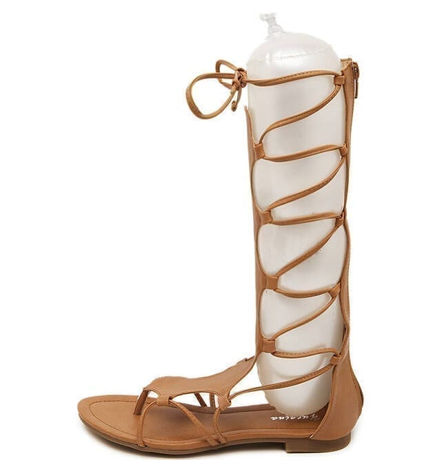 Knee High Hollow Out Leather Gladiator Sandals