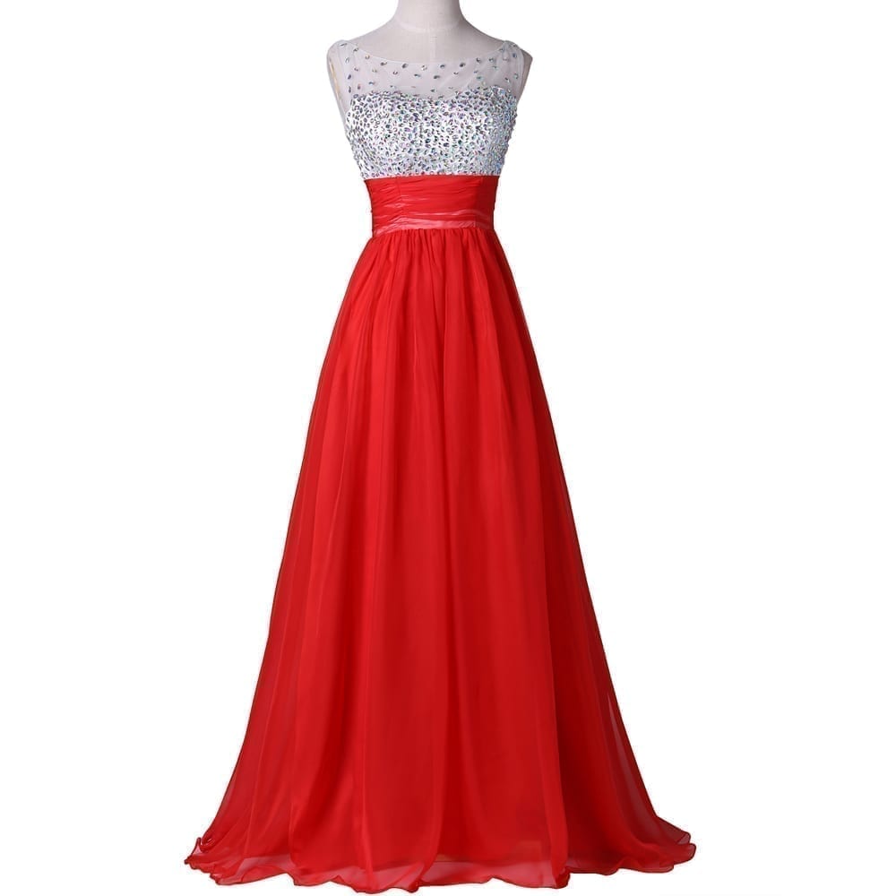 Elegant Red Crystal Beaded Long Evening Dresses