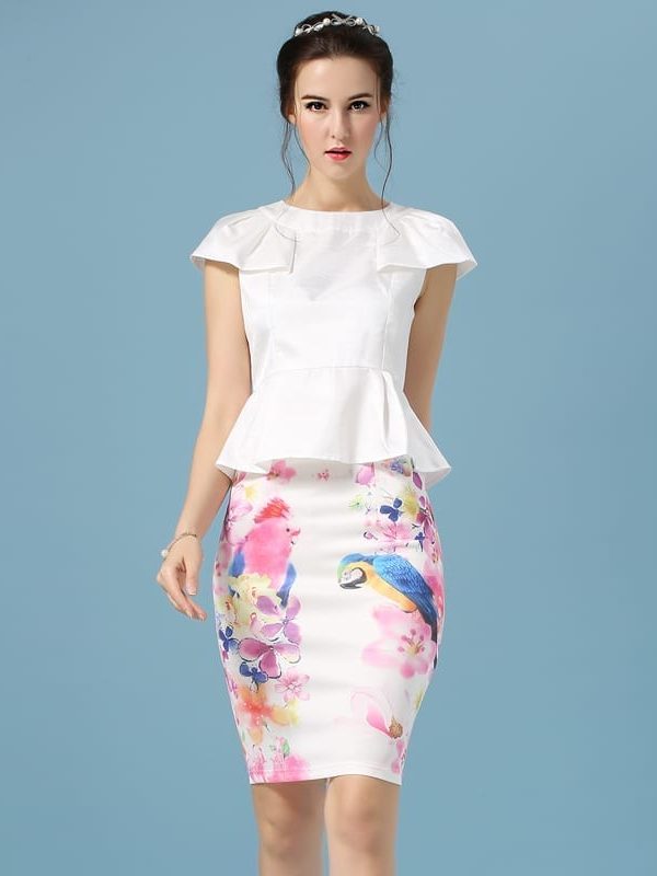Elegant Office Pencil White Floral Bird Print High Waisted Skirt