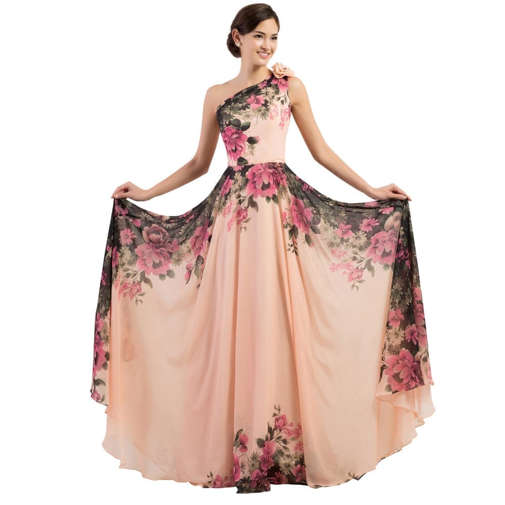 One Shoulder Long Printed Flower Evening Bridesmaid Dress