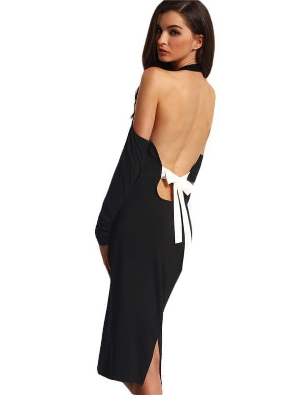 Hollow Out Black Open Shoulder Long Sleeve Backless Bow Halter Dress