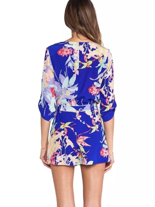 Blue Floral Printing V-neck Wrap Front Cropped Sleeve Waisted Jumpsuit
