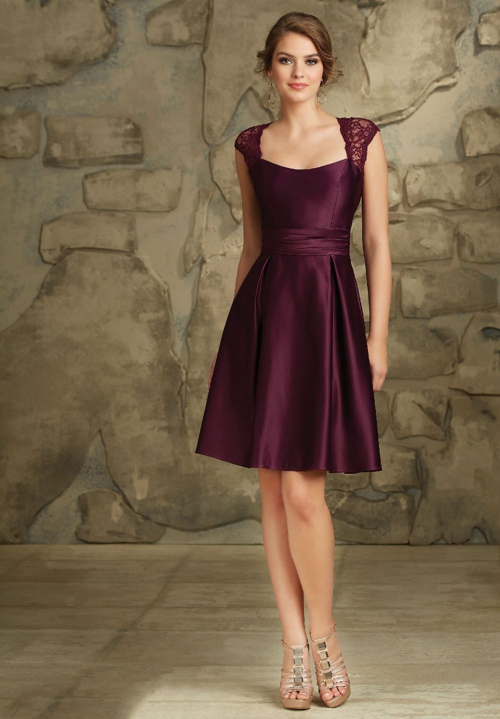 A-line Satin Lace Cap Sleeves Bridesmaid Dress | Uniqistic.com