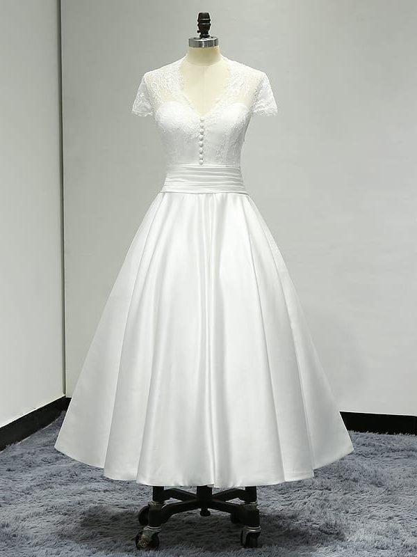 V-neck Lace Tea Length Sheer Back Satin Short Wedding Dress