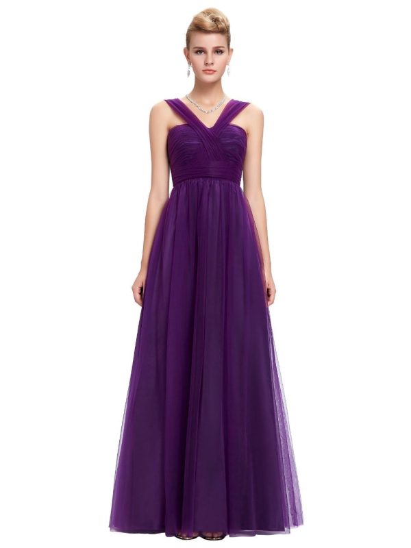 Long Purple Tulle Backless Elegant Bridesmaid Dress