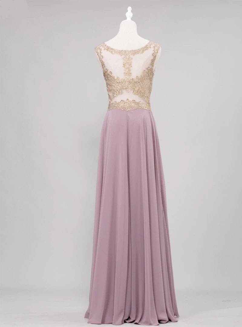 Crystal Scoop Gold Lace Appliques Sleeveless Chiffon Bridesmaid Dress