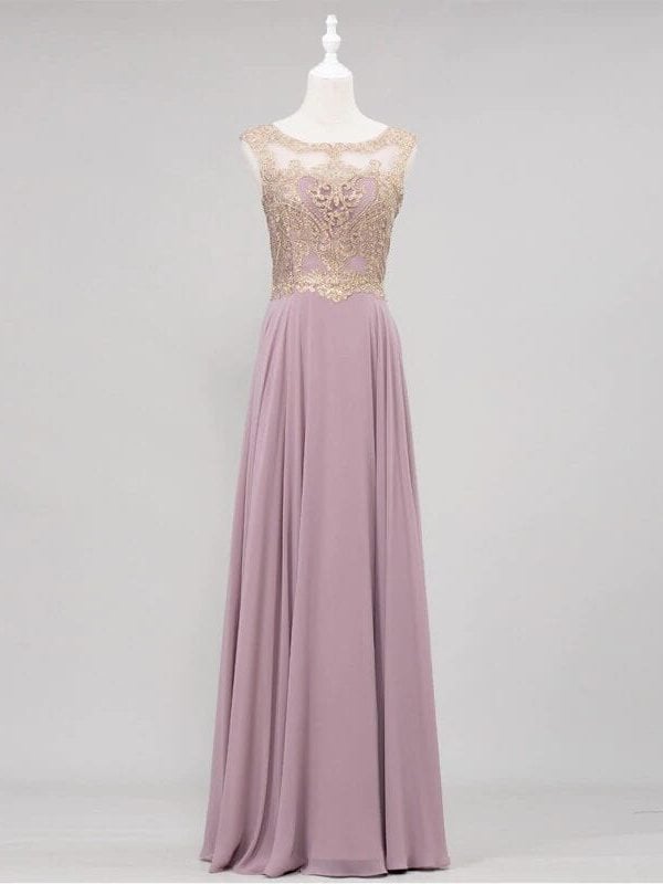 Crystal Scoop Gold Lace Appliques Sleeveless Chiffon Bridesmaid Dress
