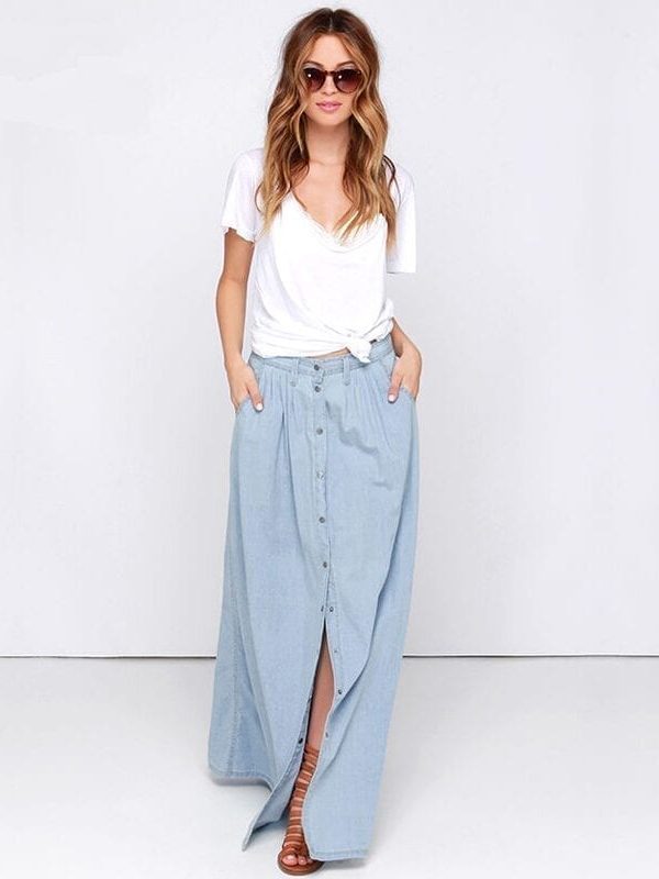 Loose High Waisted Breasted Long Denim Skirt