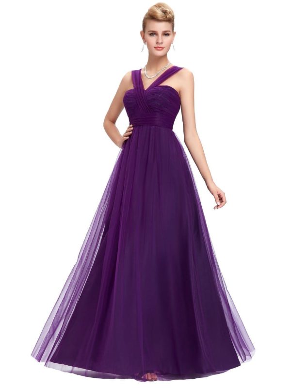 Long Purple Tulle Backless Elegant Bridesmaid Dress